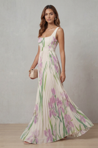 Kacob | Women's Floral Pleated Maxi Dress – Square Neck Wedding Guest Dress