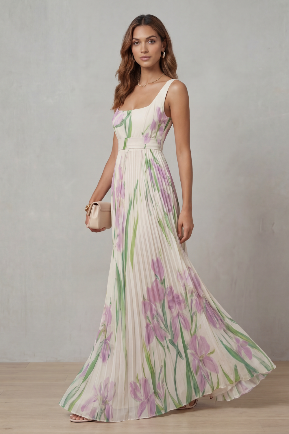 Kacob | Women's Floral Pleated Maxi Dress – Square Neck Wedding Guest Dress