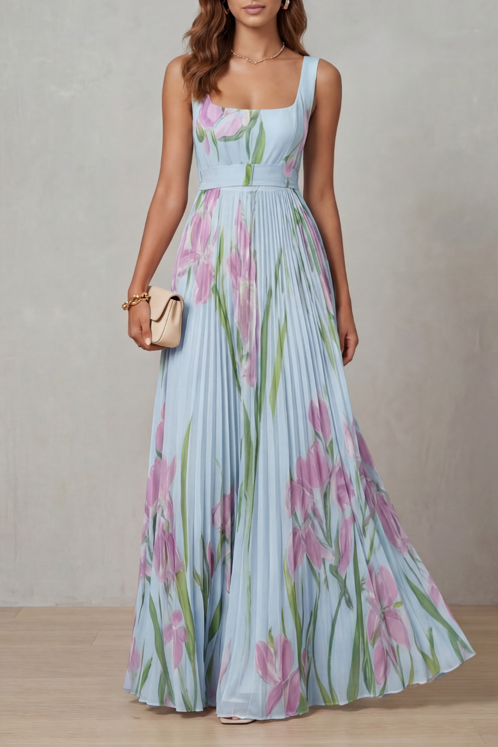 Kacob | Women's Floral Pleated Maxi Dress – Square Neck Wedding Guest Dress