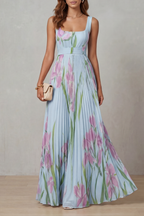 Kacob | Women's Floral Pleated Maxi Dress – Square Neck Wedding Guest Dress