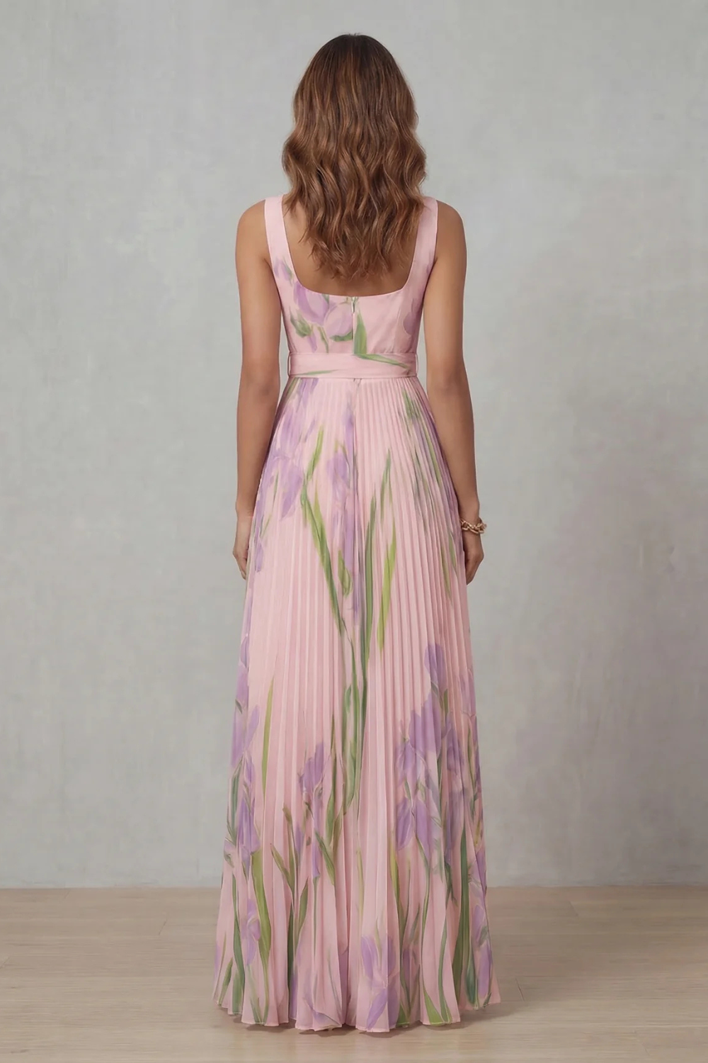 Kacob | Women's Floral Pleated Maxi Dress – Square Neck Wedding Guest Dress