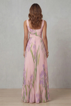 Kacob | Women's Floral Pleated Maxi Dress – Square Neck Wedding Guest Dress