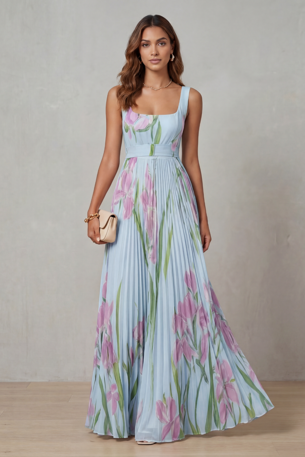 Kacob | Women's Floral Pleated Maxi Dress – Square Neck Wedding Guest Dress