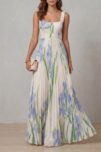 Kacob | Women's Floral Pleated Maxi Dress – Square Neck Wedding Guest Dress