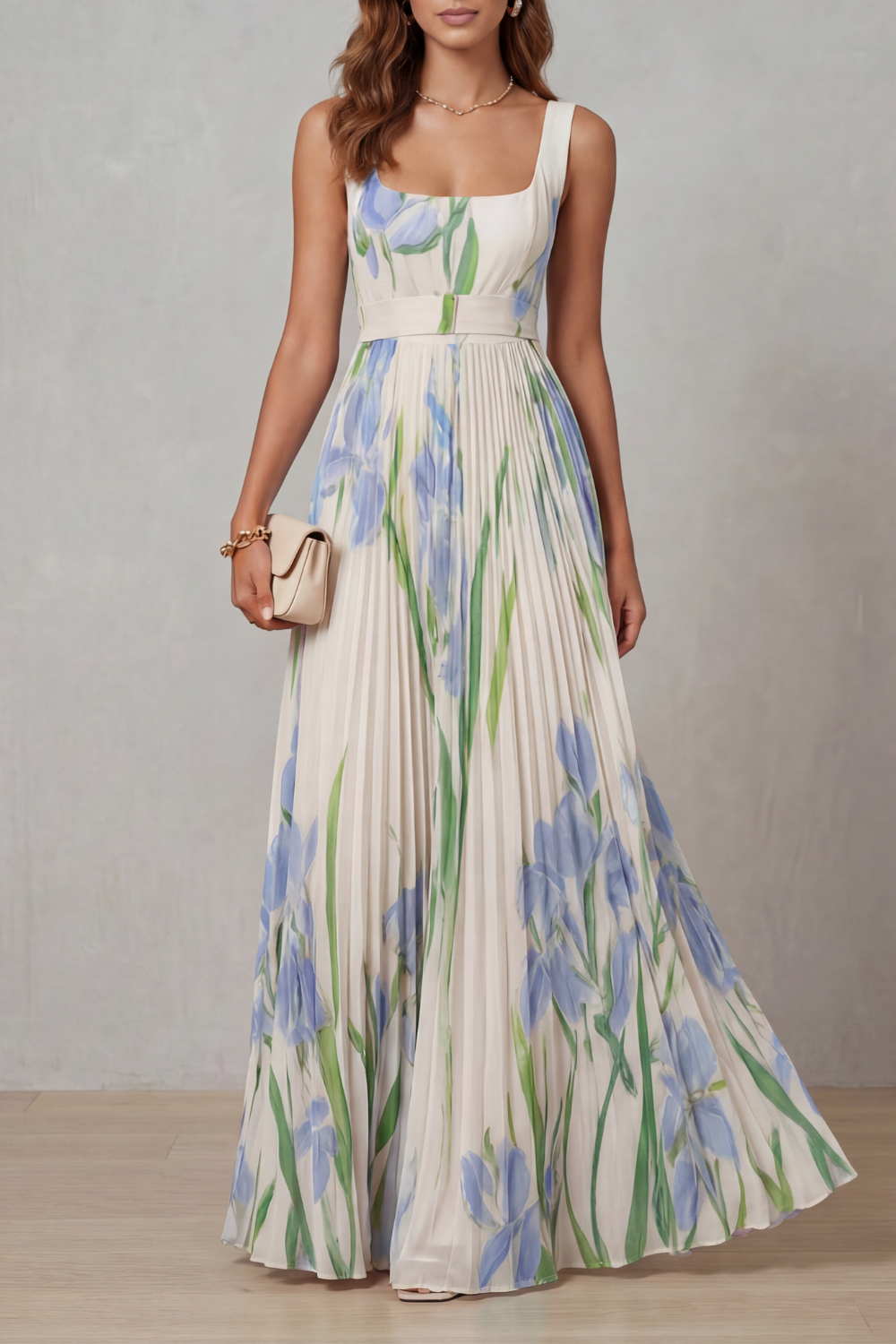 Kacob | Women's Floral Pleated Maxi Dress – Square Neck Wedding Guest Dress