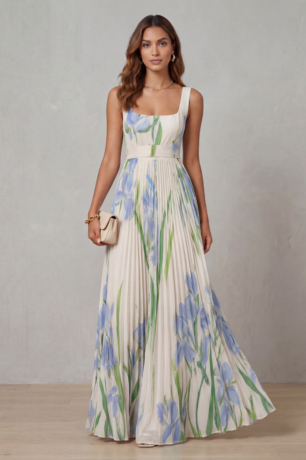 Kacob | Women's Floral Pleated Maxi Dress – Square Neck Wedding Guest Dress