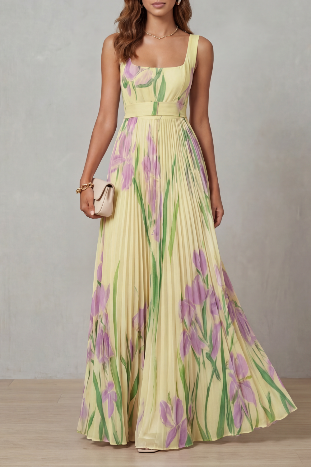 Kacob | Women's Floral Pleated Maxi Dress – Square Neck Wedding Guest Dress