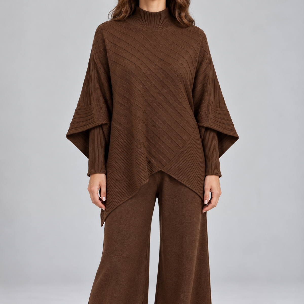 Kacob | Women's High Neck Asymmetric Knit Co-Ord Set – Draped Jumper and Wide Leg Trousers