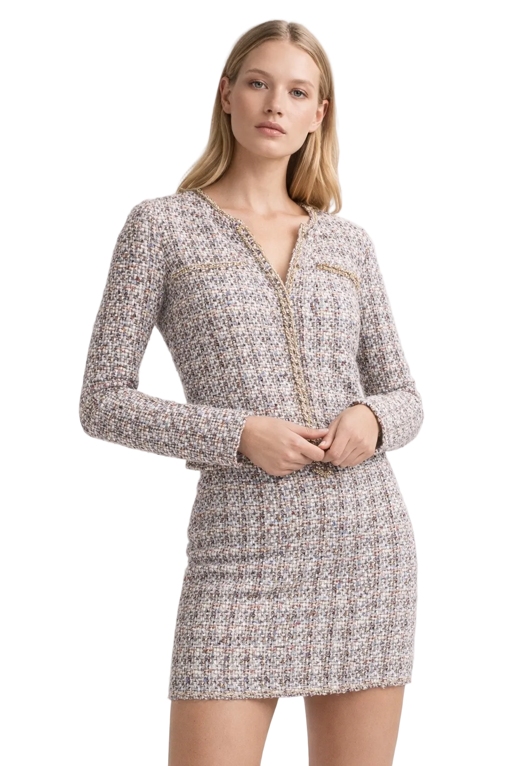 Wielokolorowa tweedowa sukienka mini z zamkiem z przodu