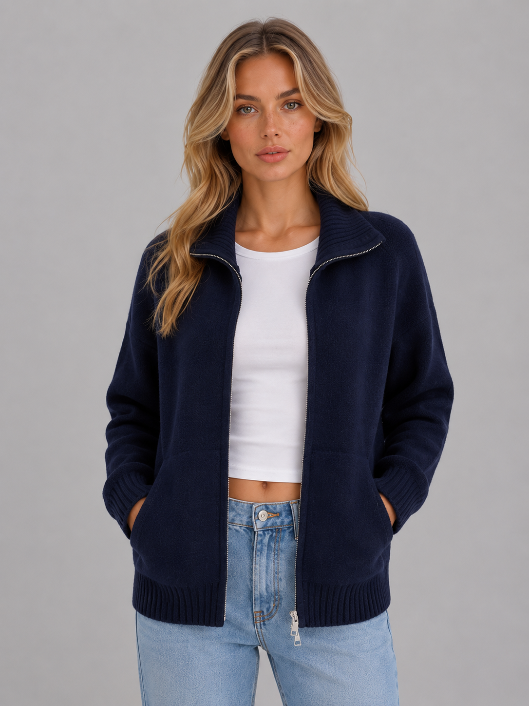 Kacob | Funnel Neck Zip-Up Knit Cardigan