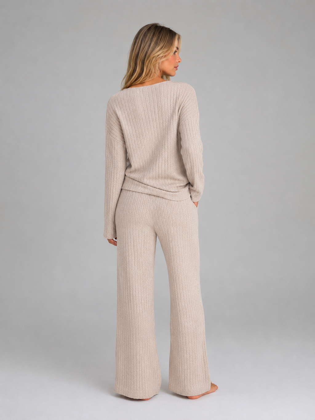 Kacob | Ribbed Knit Lounge Set with V-Neck Jumper & Wide Leg Trousers