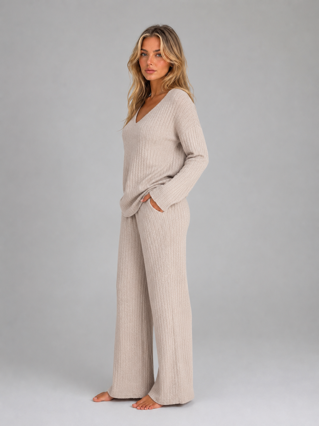 Kacob | Ribbed Knit Lounge Set with V-Neck Jumper & Wide Leg Trousers