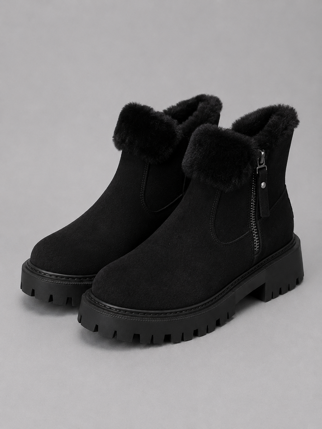 Kacob | Faux Fur Trim Suede Chunky Ankle Boots