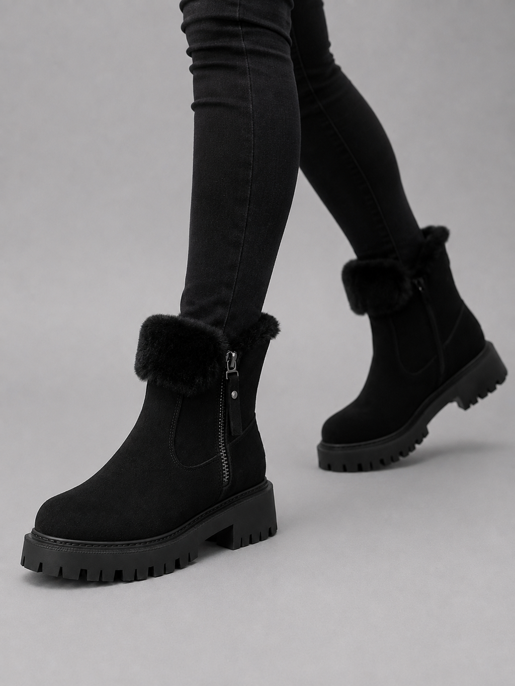Kacob | Faux Fur Trim Suede Chunky Ankle Boots