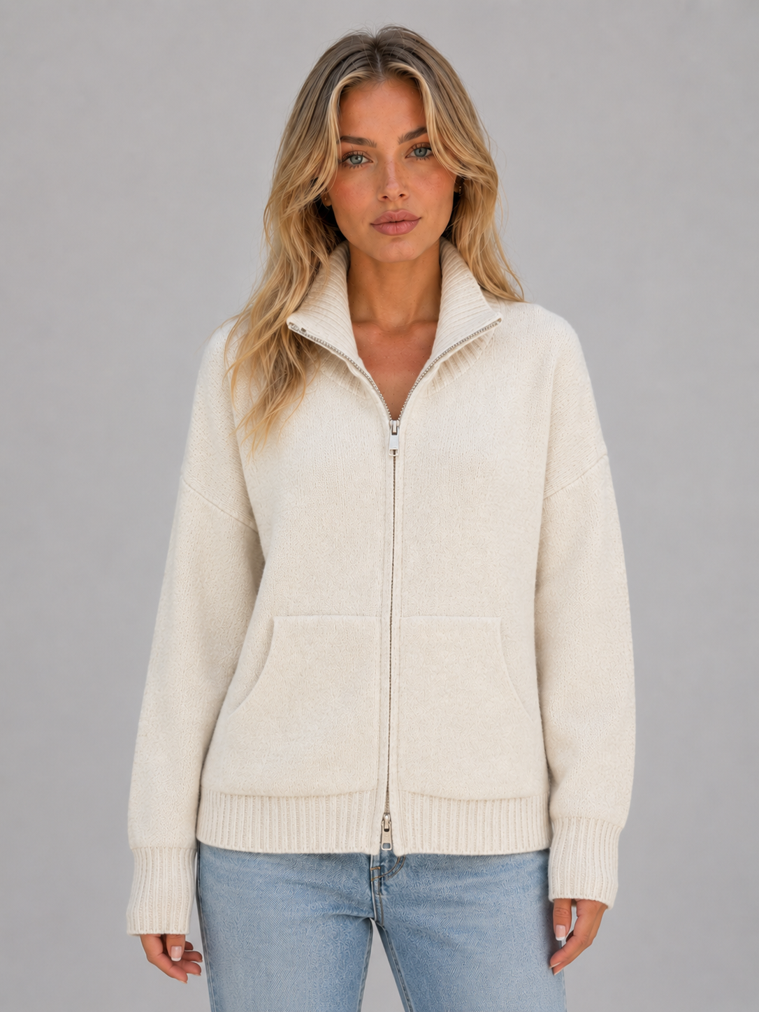 Kacob | Funnel Neck Zip-Up Knit Cardigan