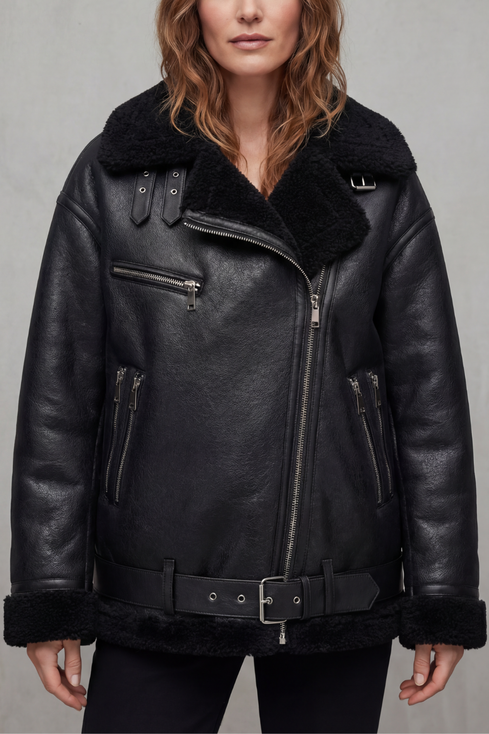 Kacob | Belted Shearling Trim Aviator Coat