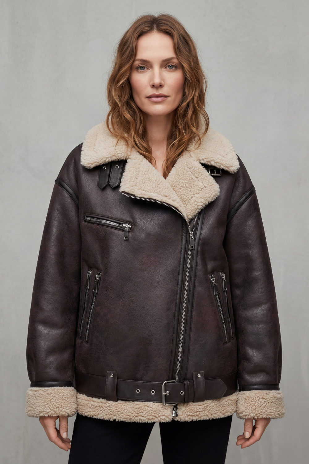 Kacob | Belted Shearling Trim Aviator Coat