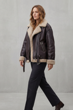 Kacob | Belted Shearling Trim Aviator Coat
