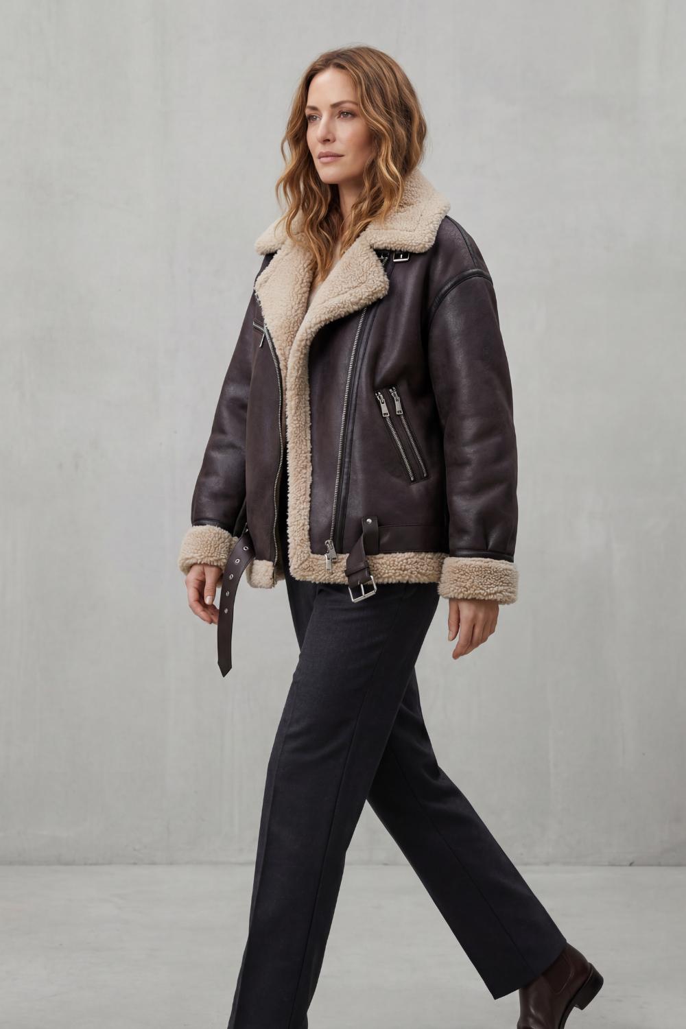 Kacob | Belted Shearling Trim Aviator Coat