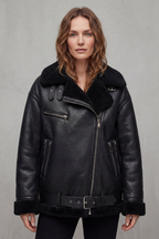 Kacob | Belted Shearling Trim Aviator Coat