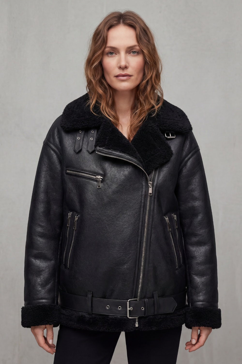 Kacob | Belted Shearling Trim Aviator Coat