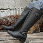 kacob womens polished double buckle knee high boots
