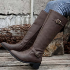 kacob womens polished double buckle knee high boots