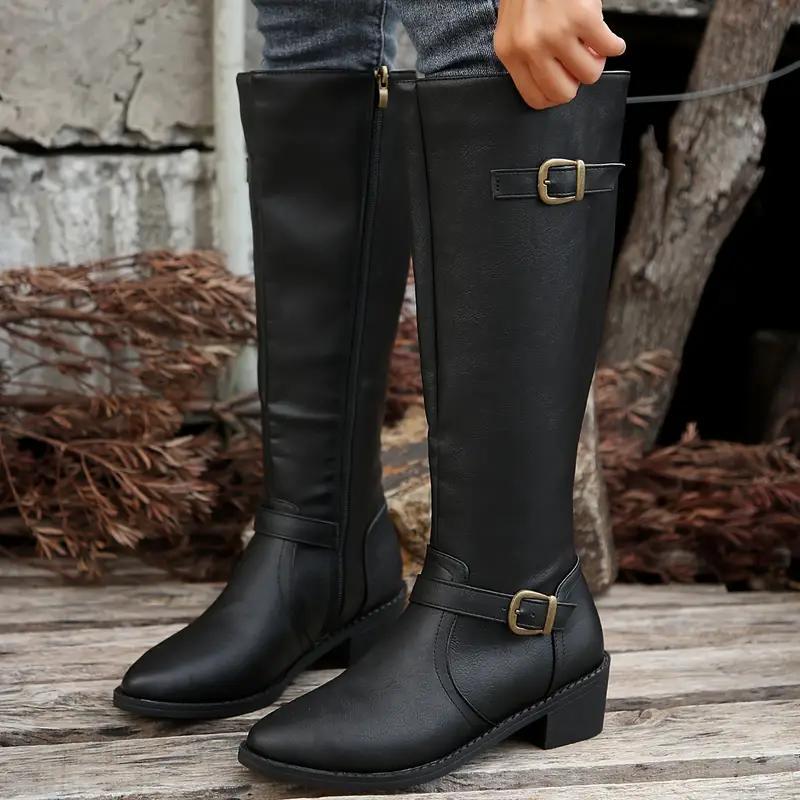 kacob womens polished double buckle knee high boots