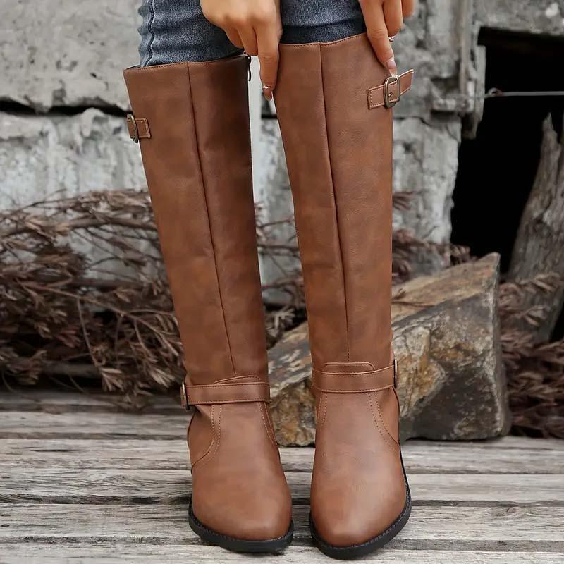 kacob womens polished double buckle knee high boots