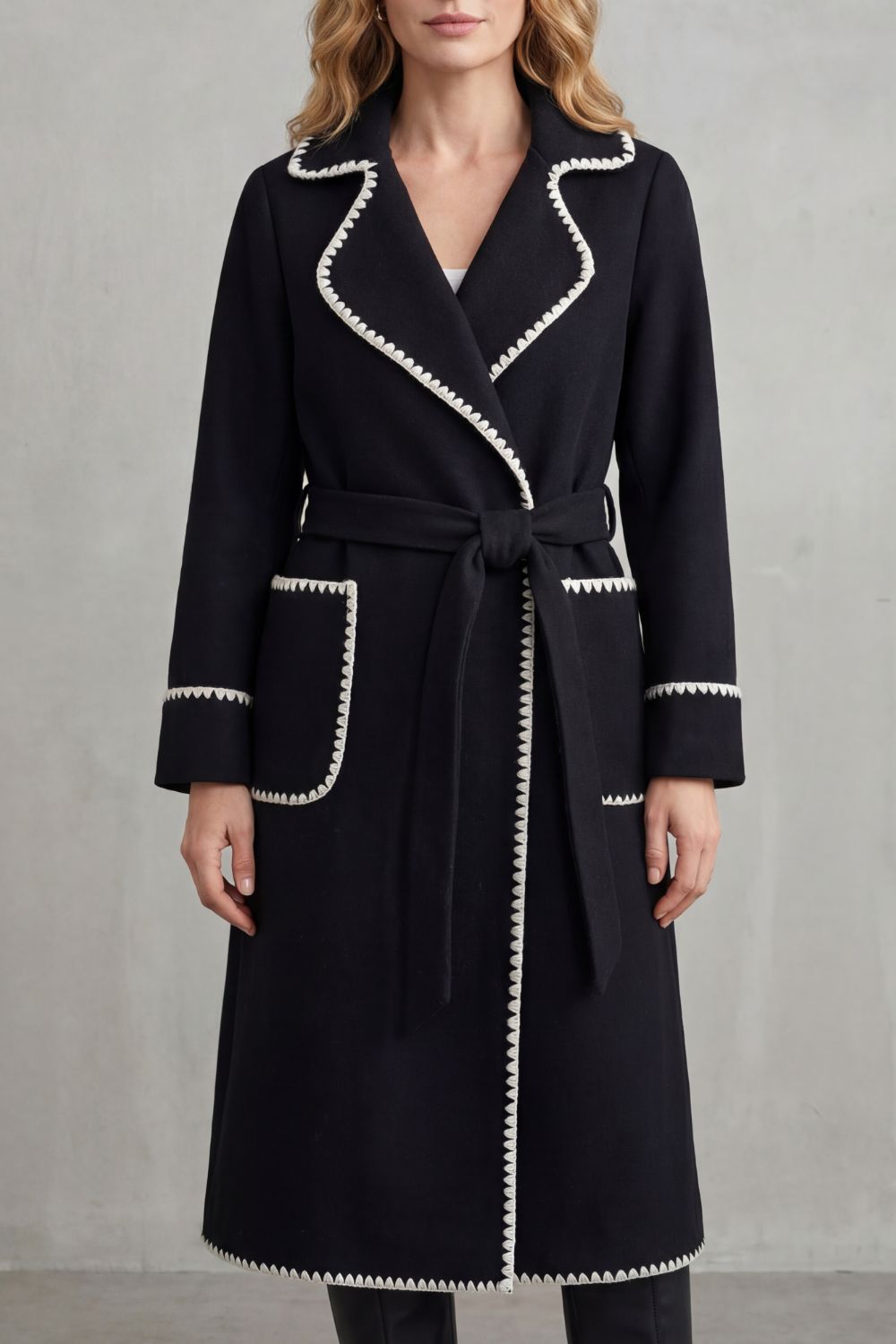 Kacob | Contrast Trim Longline Belted Coat