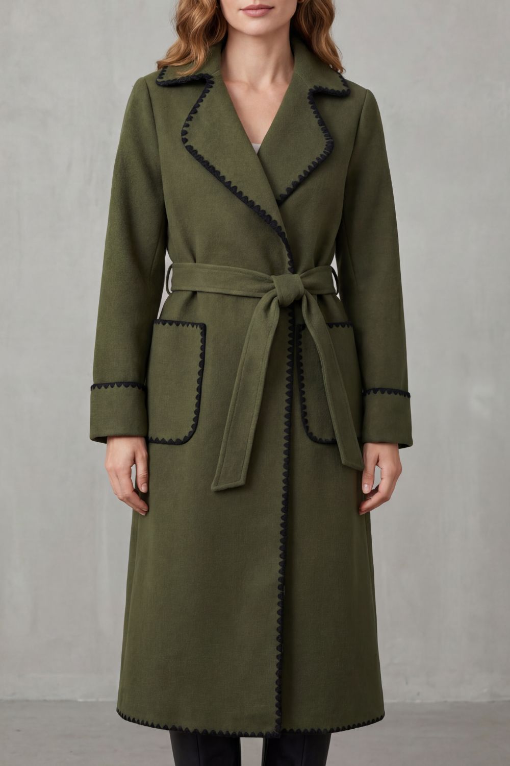 Kacob | Contrast Trim Longline Belted Coat