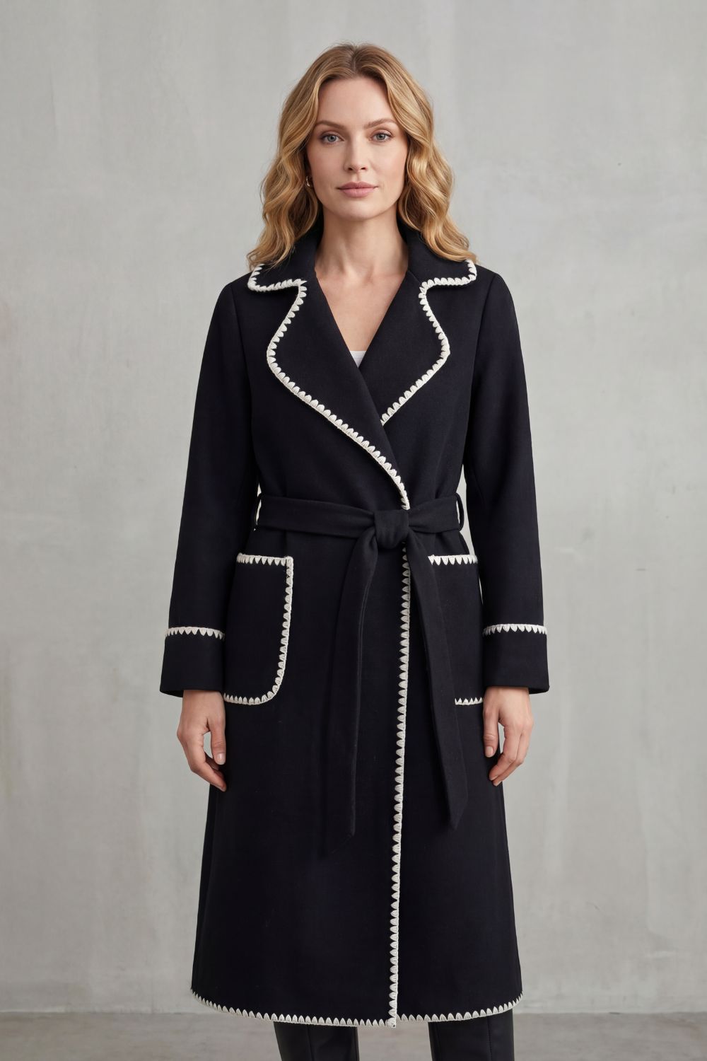 Kacob | Contrast Trim Longline Belted Coat