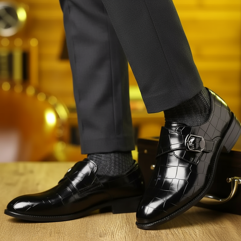 Crocodile-Pattern Slip-On Loafers for Men – Stylish Buckle
