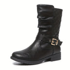 kacob womens buckle strap mid calf boots