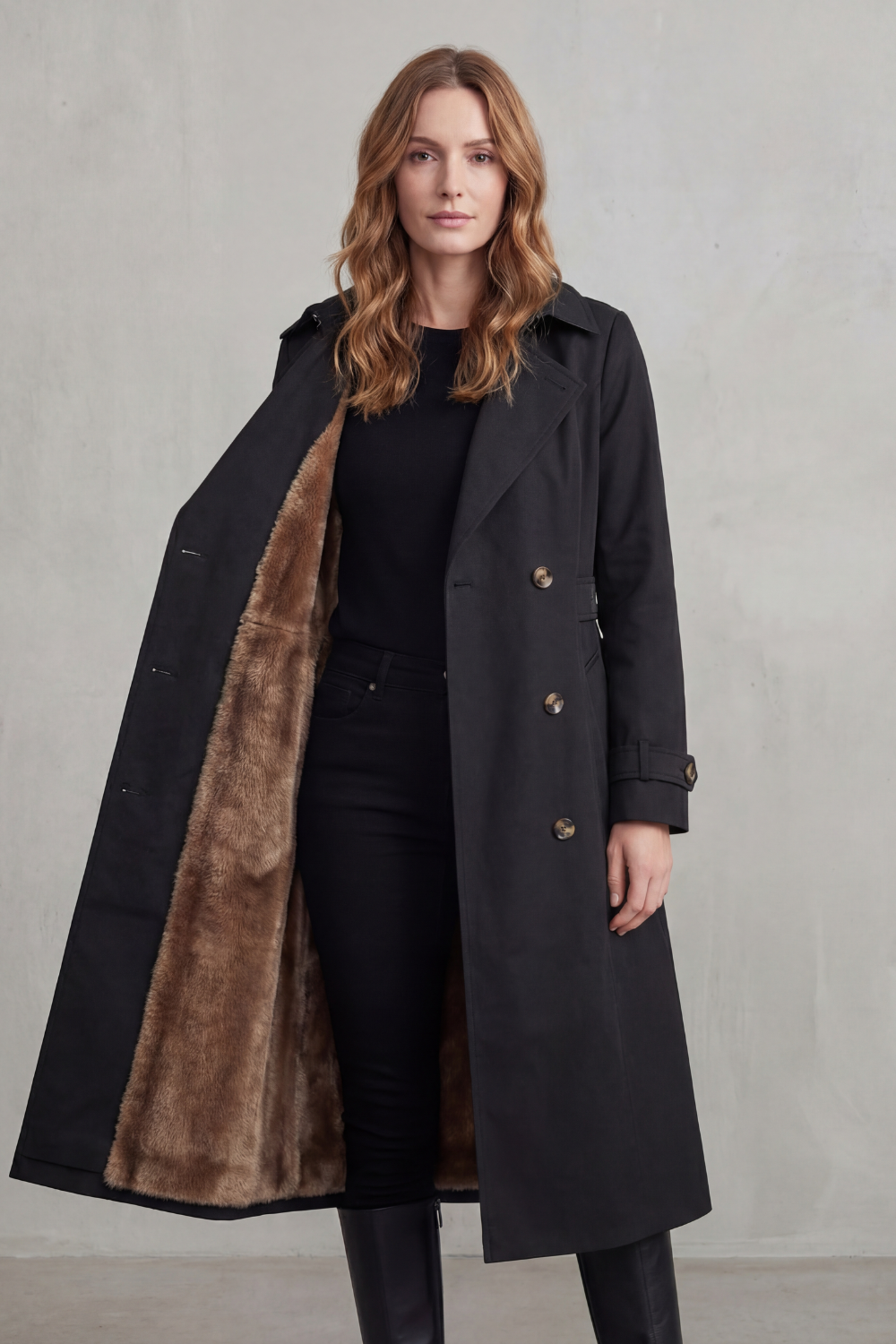 Kacob | Faux Fur Lined Double-Breasted Trench Coat