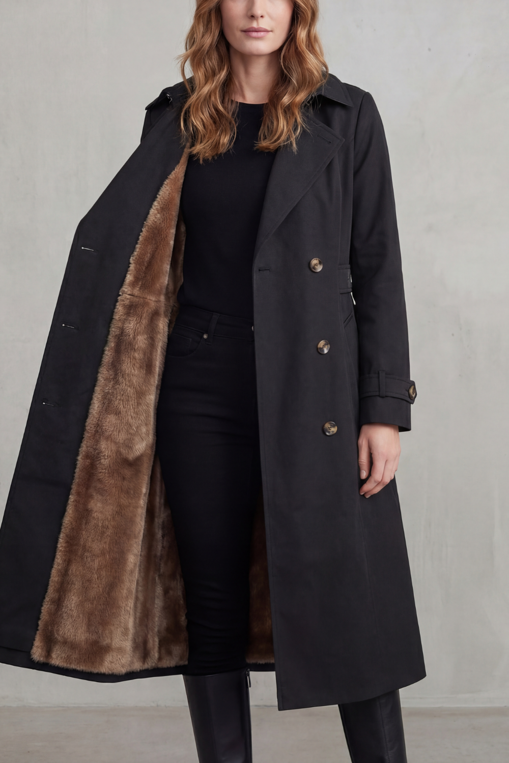 Kacob | Faux Fur Lined Double-Breasted Trench Coat