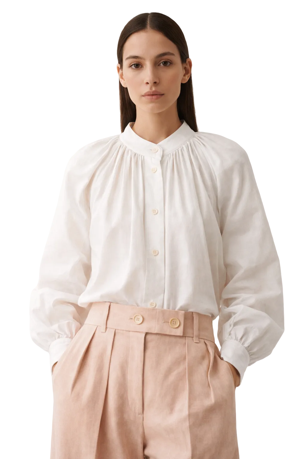 iała bluzka zapinana na guziki z marszczonym dekoltem