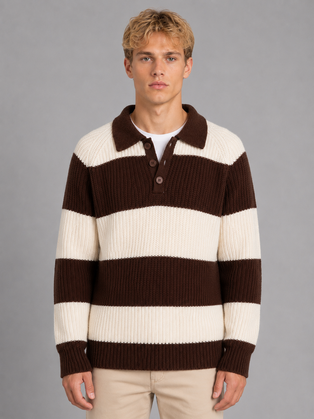 Kacob | Men's Button Neck Striped Polo Jumper