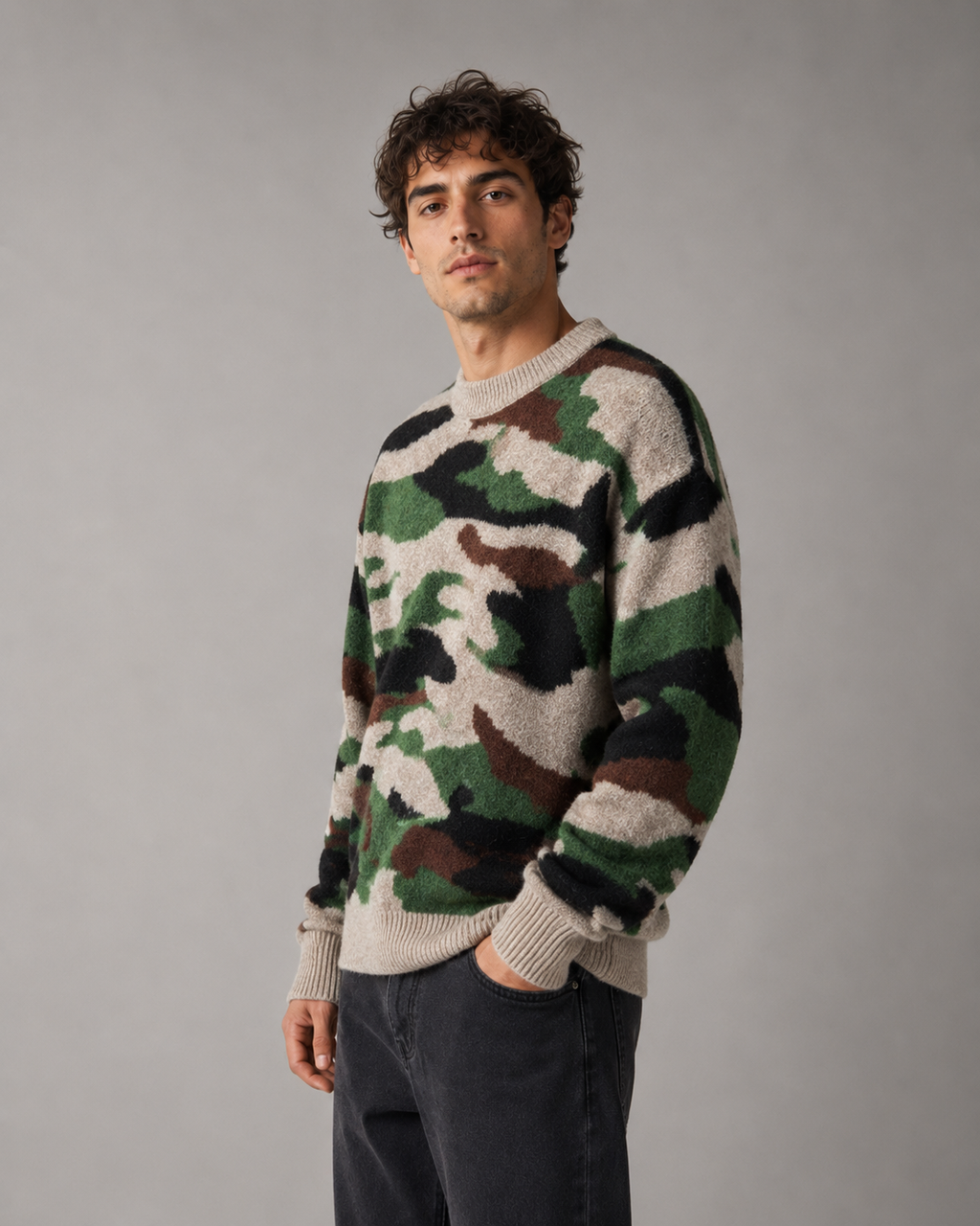 Kacob | Men's Camo Crew Neck Relaxed Knit Jumper