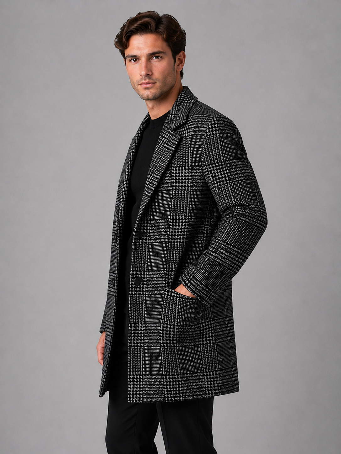 Kacob | Men's Checked Single-Breasted Longline Overcoat