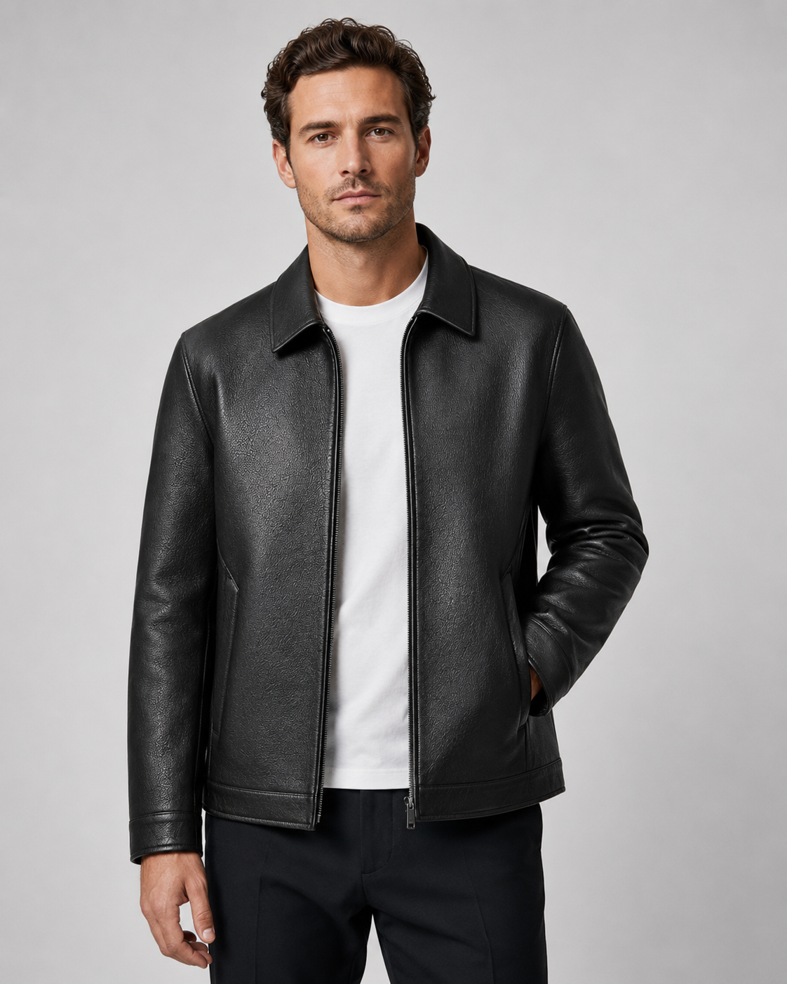 Kacob | Men's Faux Leather Collared Zip Jacket