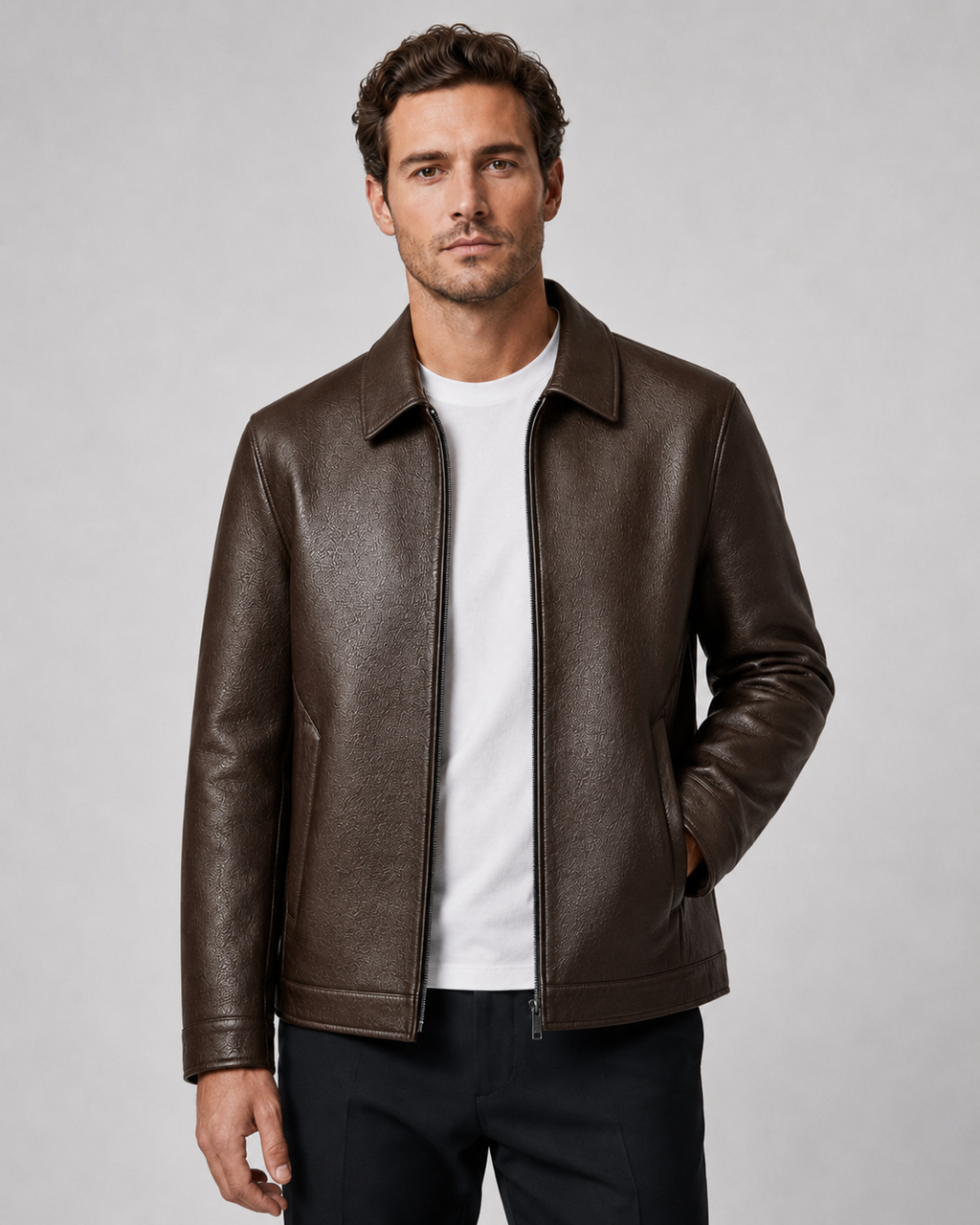 Kacob | Men's Faux Leather Collared Zip Jacket