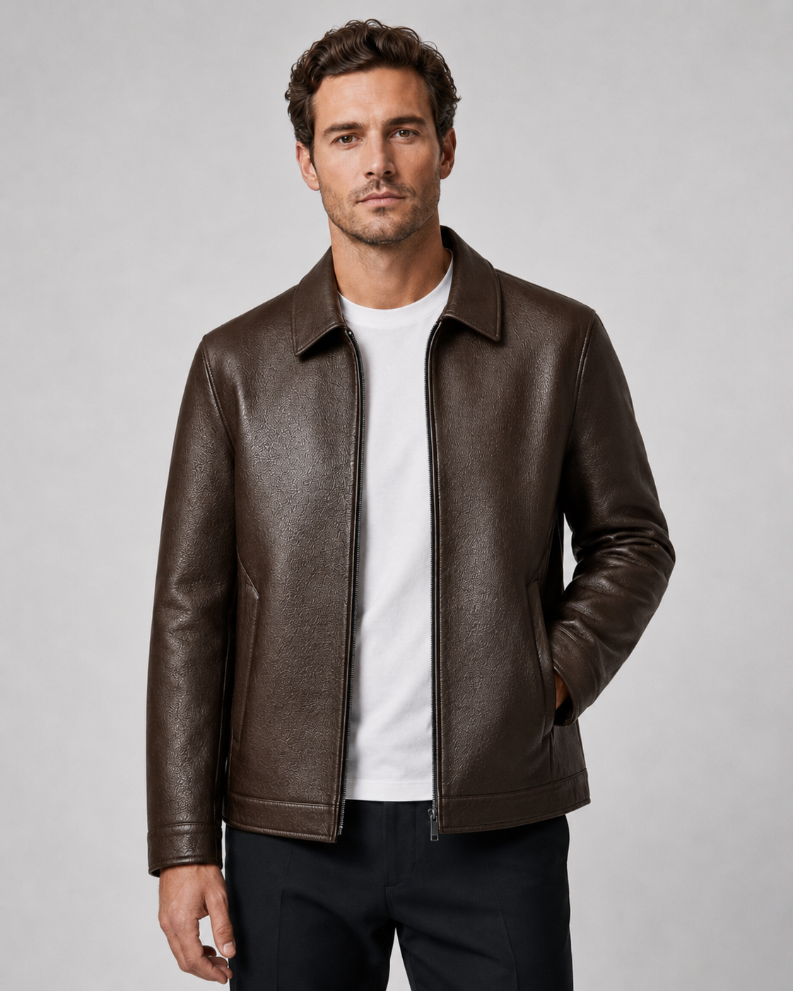 Kacob | Men's Faux Leather Collared Zip Jacket
