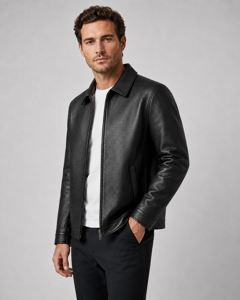 Kacob | Men's Faux Leather Collared Zip Jacket