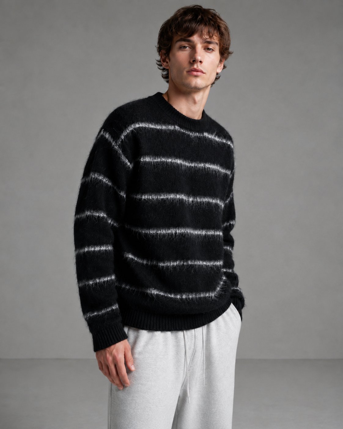 Kacob | Men's Fuzzy Striped Boxy Relaxed Knit Jumper