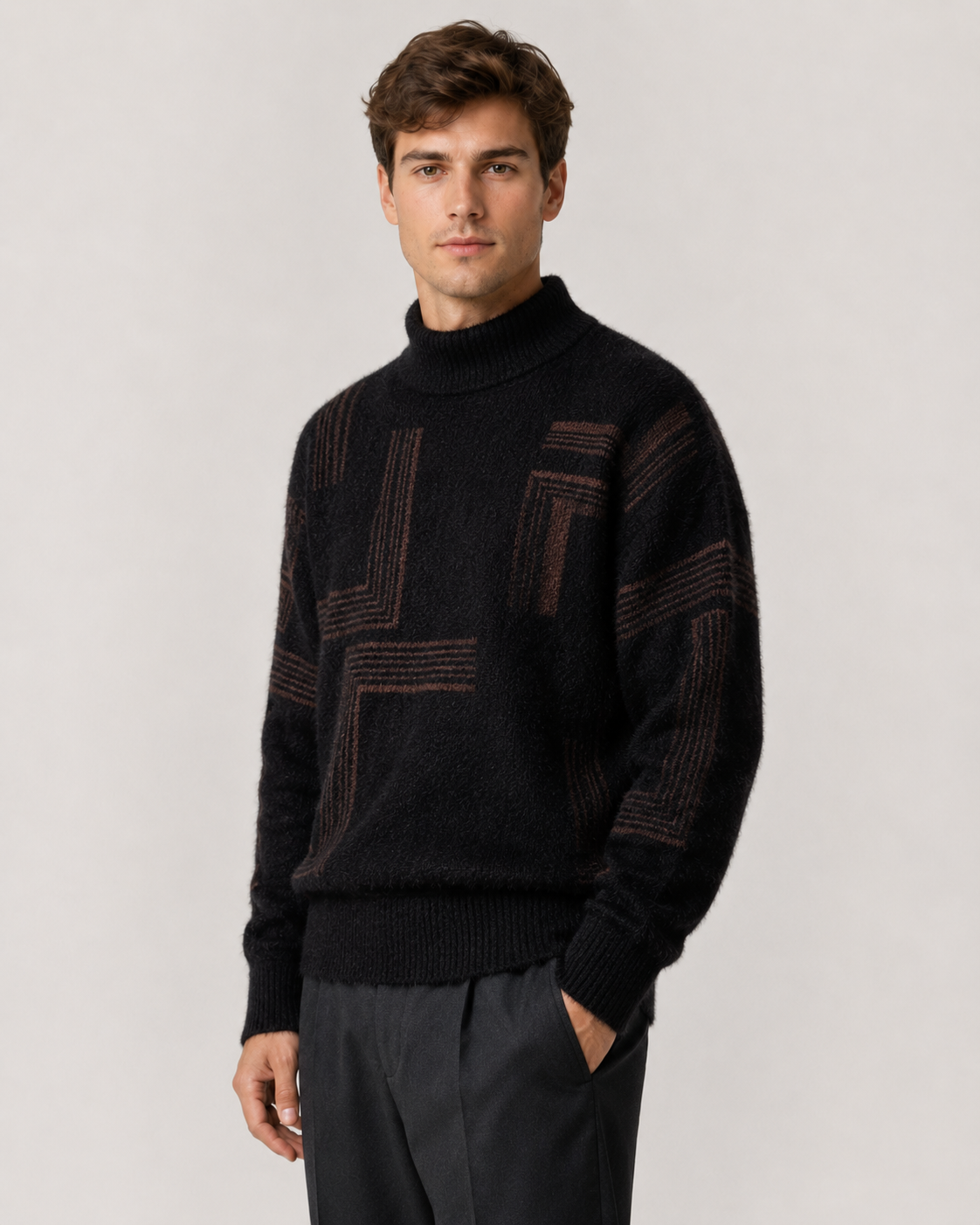 Kacob | Men's Geometric Funnel Neck Relaxed Knit Jumper