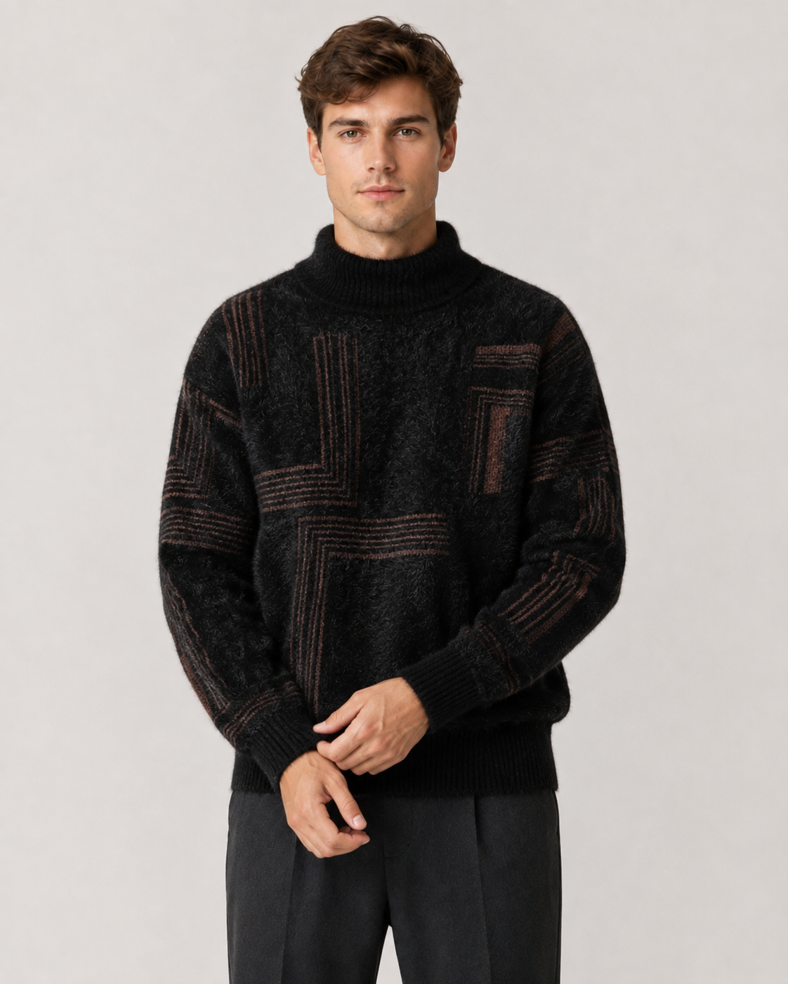 Kacob | Men's Geometric Funnel Neck Relaxed Knit Jumper