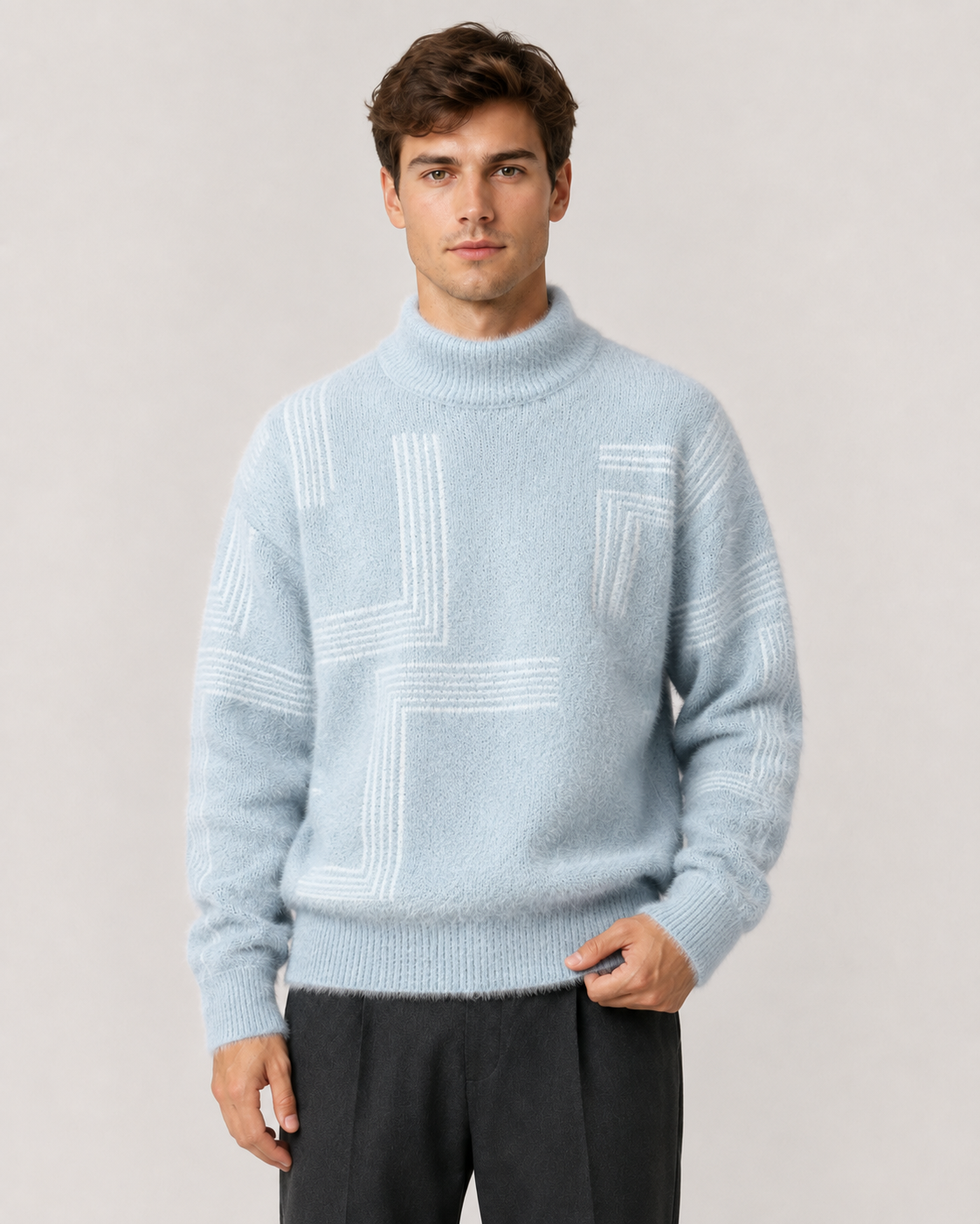 Kacob | Men's Geometric Funnel Neck Relaxed Knit Jumper