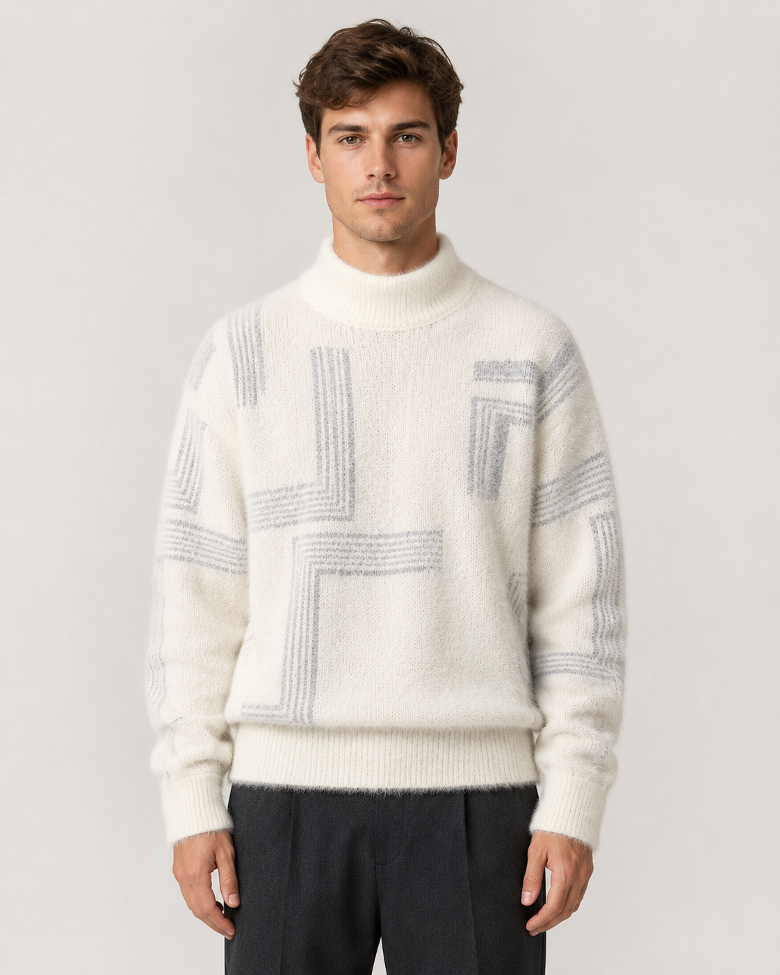 Kacob | Men's Geometric Funnel Neck Relaxed Knit Jumper