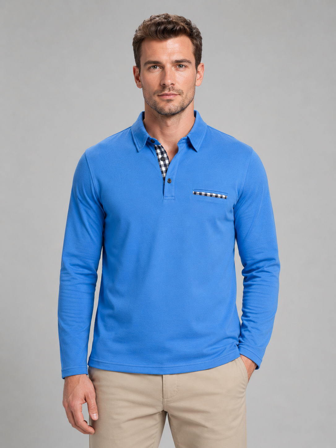 Kacob | Men's Gingham Trim Long Sleeve Polo Shirt